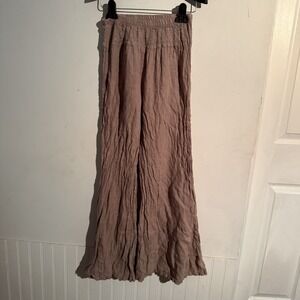 Pure Linen Medium Wide Leg Pants Smocked Pull On Waistband Lagenlook Coastal